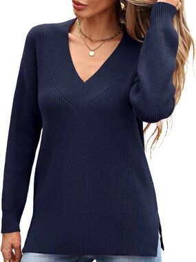 V-Neck Long Sleeve Knit Sweater - Navy